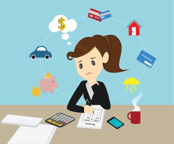 An animated lady sitting at the table trying to figure out the budget